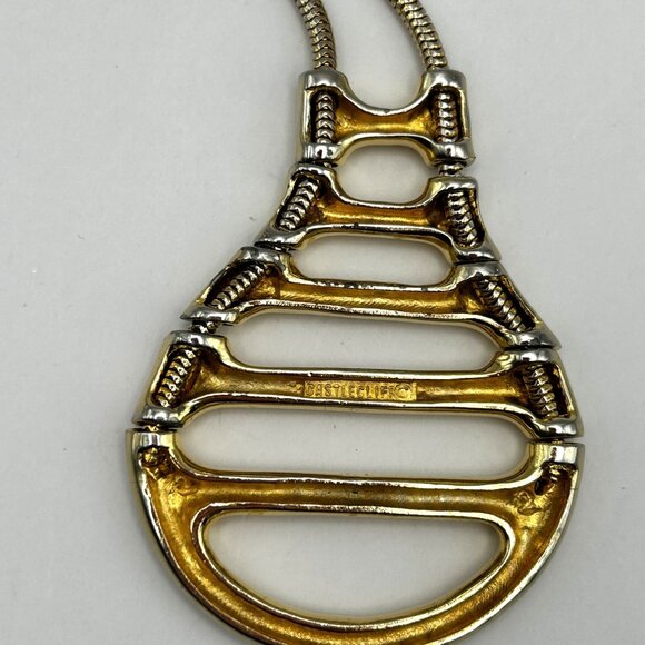 Vintage Castlecliff Statement Pendant Necklace Gold Tone Modernist Signed - Picture 10 of 11